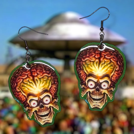 Mars Attacks-inspired martian soldier resin statement earrings