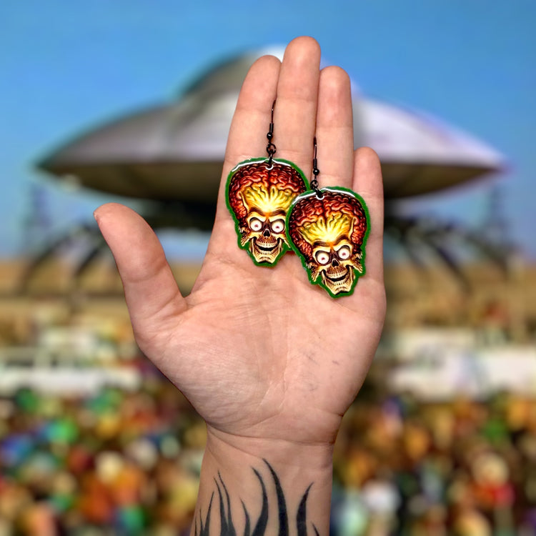 Mars Attacks-inspired martian soldier resin statement earrings