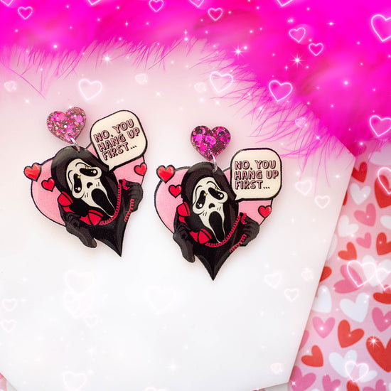 Scream-inspired Ghostface No You Hang Up heart-shaped resin statement earrings