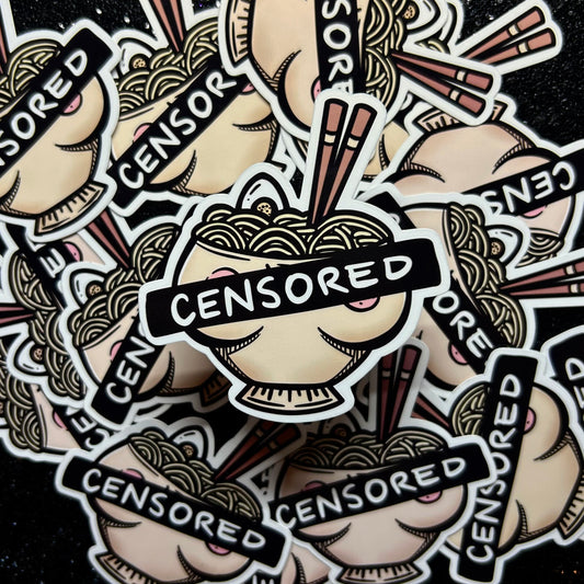 Stickers with a bowl of ramen noodles with chopsticks with 'CENSORED' text, repeated on a black background
