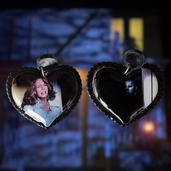 Halloween-inspired Michael Myers Laurie Strode closet scene heart-shaped resin statement earrings