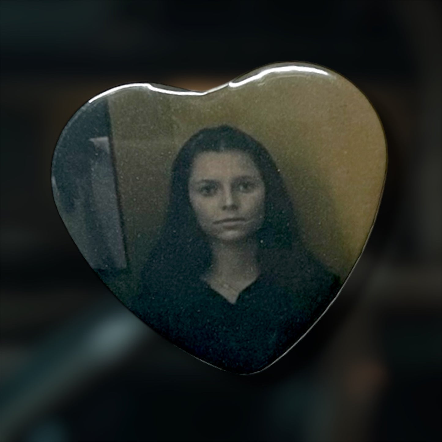Uncanny Valley Nikki BTS Horror Heart-Shaped Pinback Button