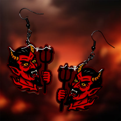 Red Devil with Pitchfork Spooky Statement Earrings