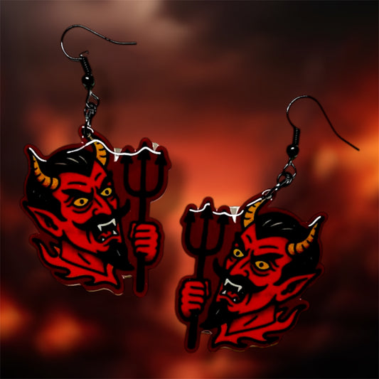 Red Devil with Pitchfork Spooky Statement Earrings