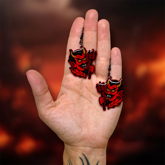 Red Devil with Pitchfork Spooky Statement Earrings