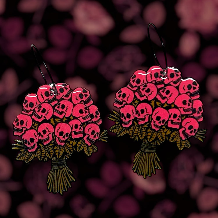 Pink skull bouquet multiple colors goth Valentine's Day Valloween spooky flowers resin statement earrings