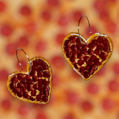 Pepperoni pizza heart-shaped resin statement earrings
