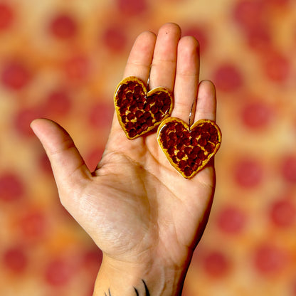 Pepperoni pizza heart-shaped resin statement earrings