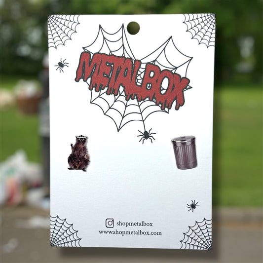 Raccoon trash panda and trash can resin stud earrings