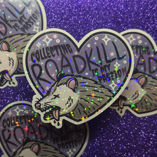 Collecting Roadkill is my Passion dead possum holographic star vinyl sticker