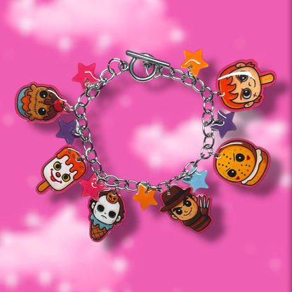 Bracelet with horror movie characters as sweet treats including ice cream cones, popsicles, and cookies and stars on a pink background.