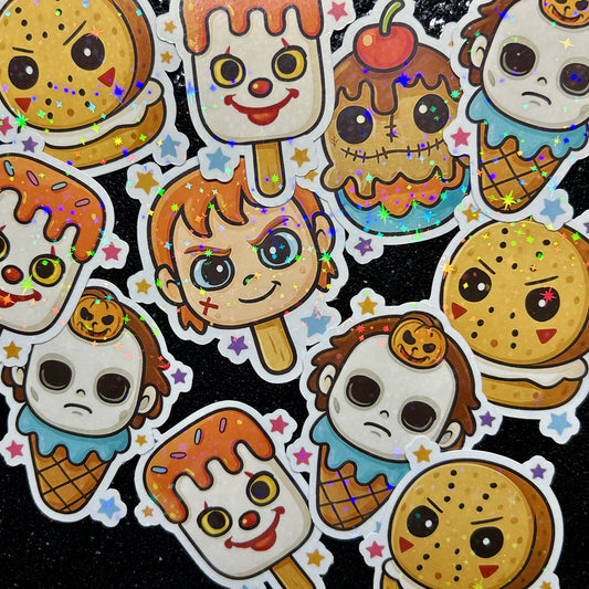 Stickers with horror movie characters as sweet treats including ice cream cones, popsicles, and cookies on a black background.