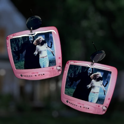 Scream Ghostface Casey Becker chase Hello Kitty TV resin statement earrings