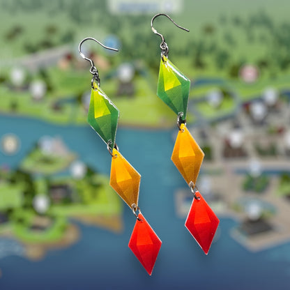 The Sims 4-inspired TS4 green yellow red plumbob stacks resin statement earrings