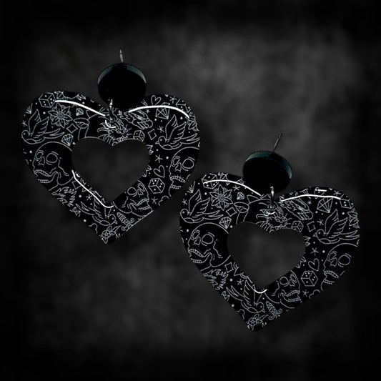 Traditional tattoo mod heart resin statement earrings