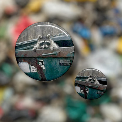 Trash can raccoon in dumpster button