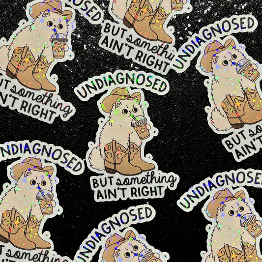 Stickers with a cartoon cat wearing a cowboy hat and boots, drinking an iced coffee, with text 'Undiagnosed but Something Ain't Right' on a black background.