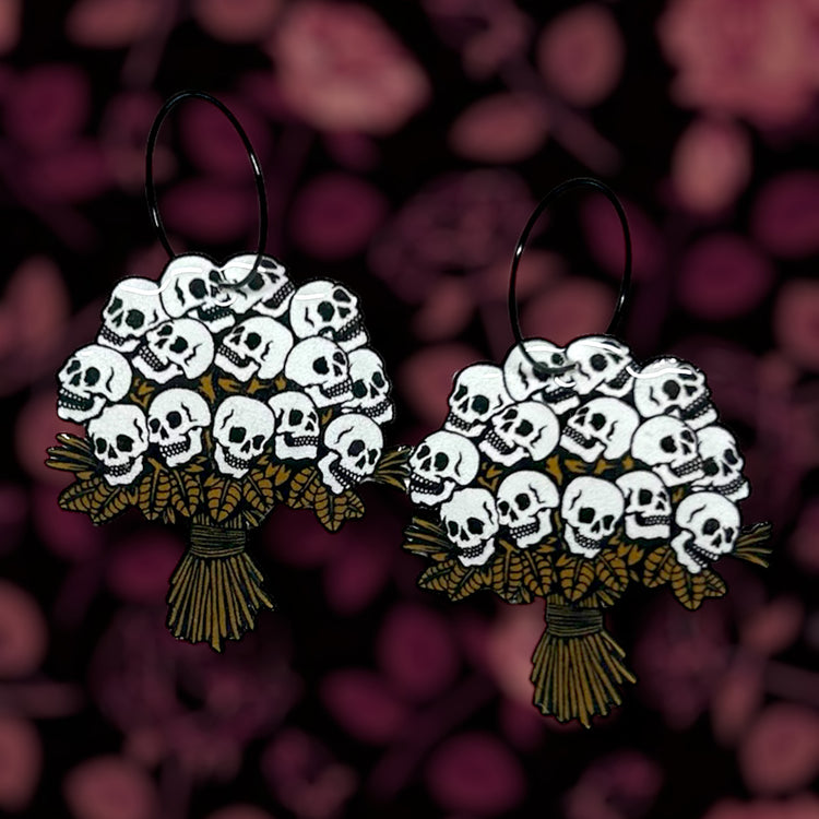 White skull bouquet multiple colors goth Valentine's Day Valloween spooky flowers resin statement earrings