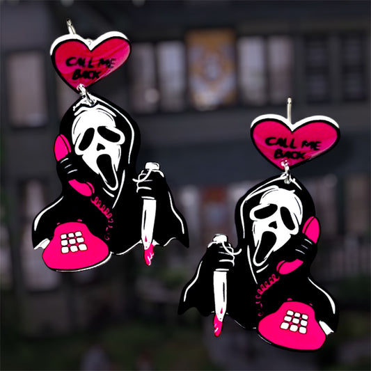 Pink, white, and black Scream Ghostface "Call Me Back" resin dangle earrings, with Ghostface holding a bloody knife and a pink corded phone