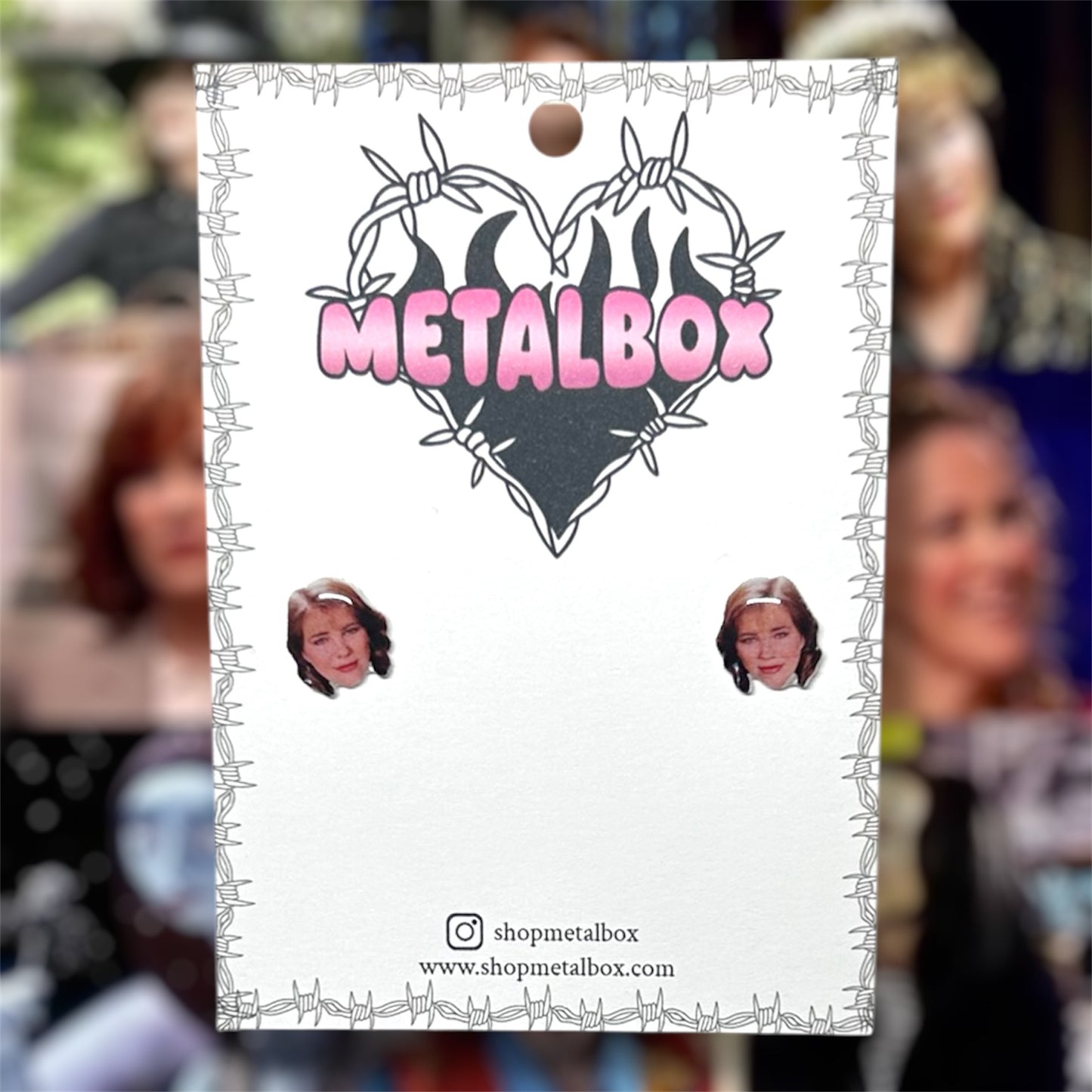 Catherine O'Hara face stud earrings on a Metalbox earring card