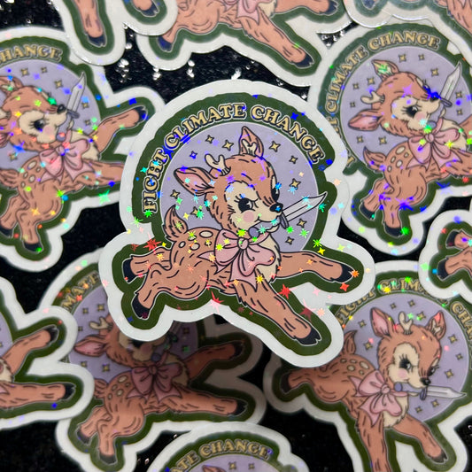 Fight Climate Change baby deer with knife wearing a pink bow holographic vinyl sticker