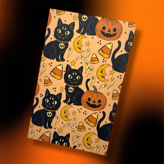 Halloween notebook with three-eyed black cats, pumpkins, ghosts, and candy corn on a black and orange background.