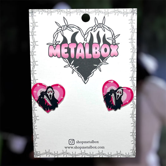 Scream heart eyes Ghostface with bloody pink knife heart-shaped resin stud earrings