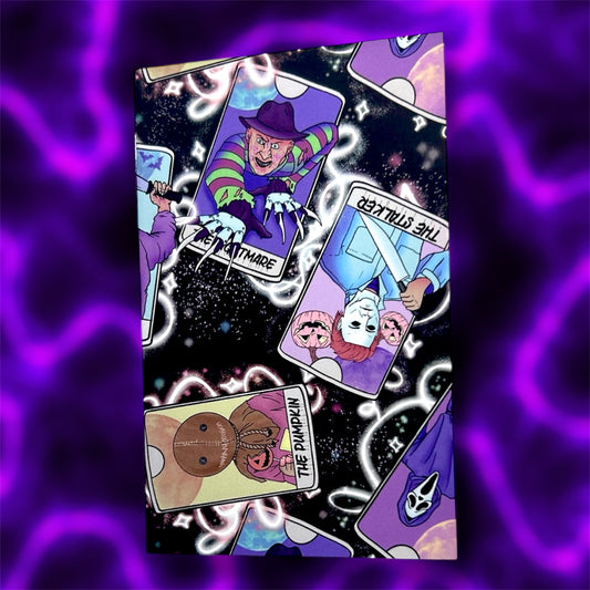 Horror tarot card pocket notebook, including Freddy Krueger, Michael Myers, Ghostface, and Sam, on a glowing purple background