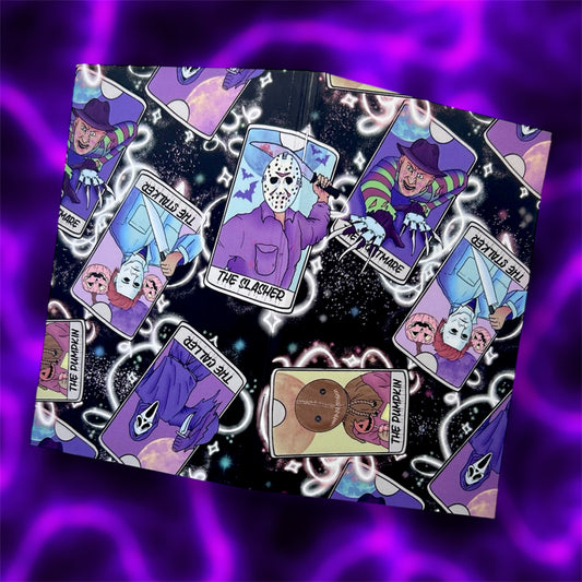 Open horror tarot card pocket notebook, including Freddy Krueger, Michael Myers, Ghostface, and Sam, on a glowing purple background
