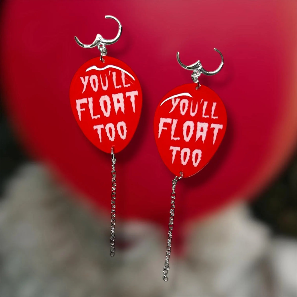 Shapeshifting Evil Clown You'll Float Too Red Balloon Horror Statement Earrings