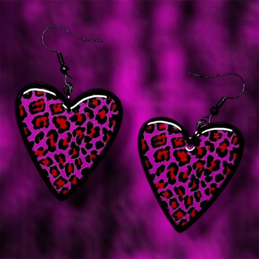 Hot Pink Leopard Print Heart-Shaped Statement Earrings
