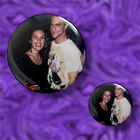 Law and Order SVU Mariska Hargitay and Christopher Meloni behind the scenes pinback button