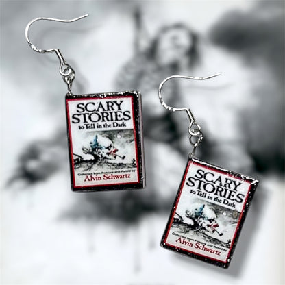 Scary Stories to Tell in the Dark nostalgic horror poetry miniature book earrings on a blurry black and white background