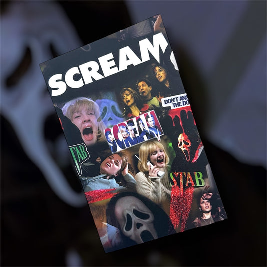 Scream movie collage Ghostface Sydney Prescott Ghostface mask STAB horror notebook