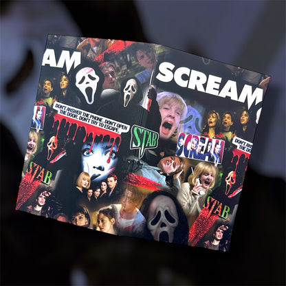 Open Scream movie collage Ghostface Sydney Prescott Ghostface mask STAB horror notebook