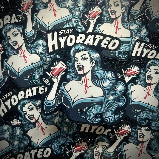 Stay Hydrated sexy vampire lady drinking blood from a wine glass machine-cut vinyl sticker