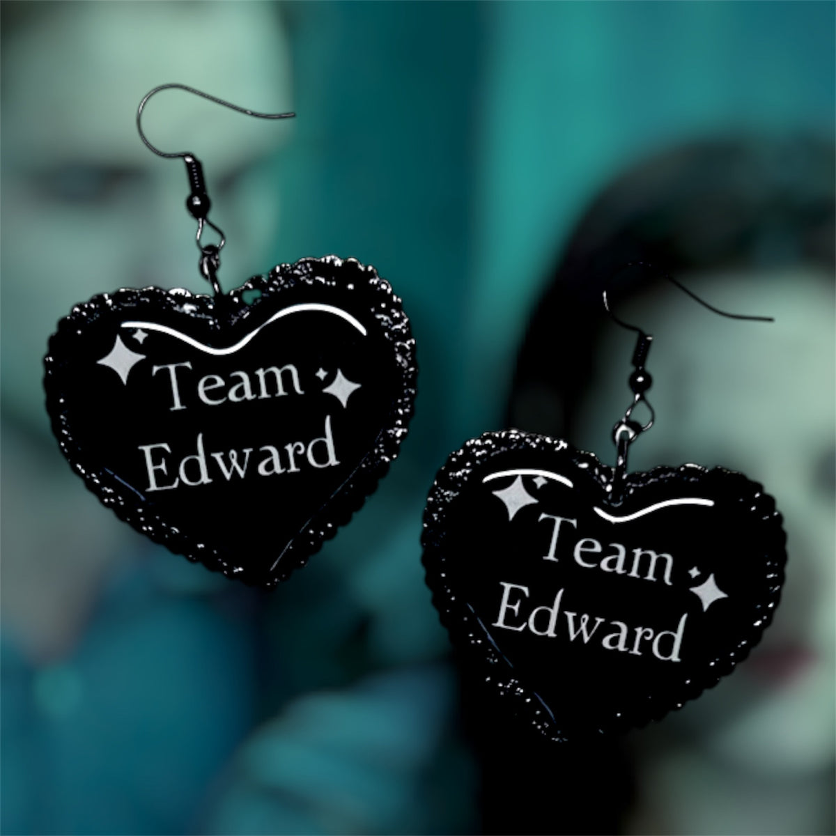 Team Edward Sparkly Vampire Heart-Shaped Statement Earrings