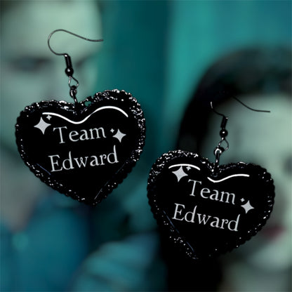 Team Edward Sparkly Vampire Heart-Shaped Statement Earrings