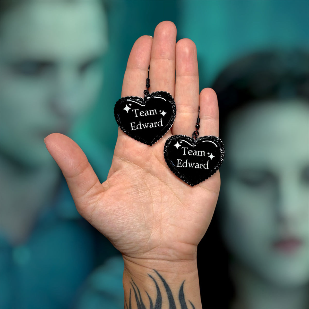 Team Edward Sparkly Vampire Heart-Shaped Statement Earrings