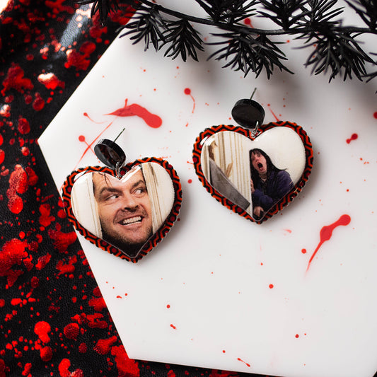 The Shining-inspired Jack Torrance Wendy Torrance here's Johnny heart-shaped resin statement earrings